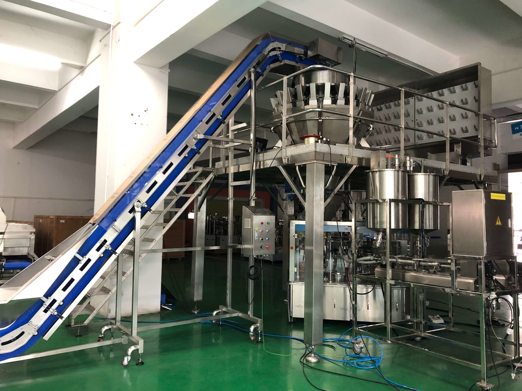 Máy đóng gói cân đa đầu 24 đầu Chảo tuyến tính trục vít kép cho thực phẩm tươi dính nhiều dầu