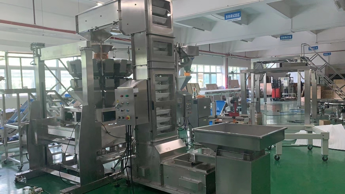 Hệ thống vận chuyển, cân và niêm phong túi hoàn toàn tự động cho nhà sản xuất thức ăn nhẹ. Khung máy SUS304