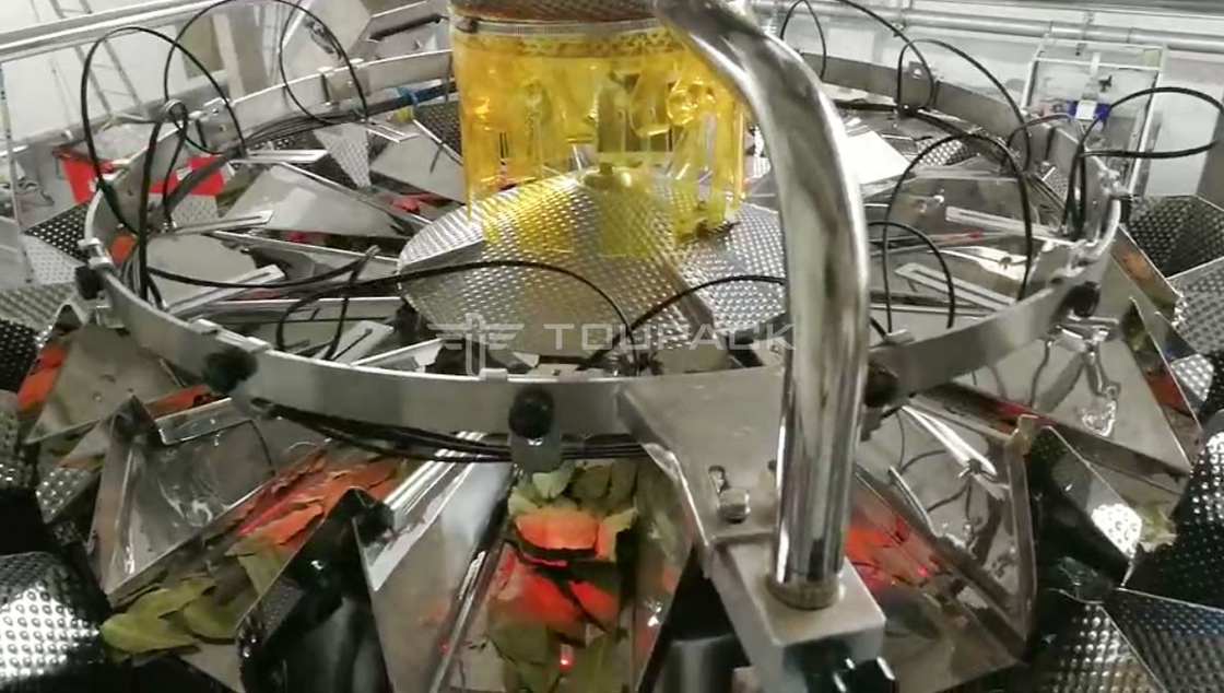 Máy đóng gói cân thẳng đứng hoàn toàn tự động cho lá trà khô lá vịnh với 14 đầu Multihead Weigher