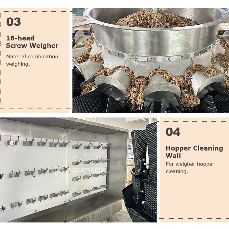 Máy đóng gói, chiết rót, cân định lượng túi zipper làm sẵn tự động cho thịt gà, thịt bò khô, hải sản đông lạnh, túi Doypack