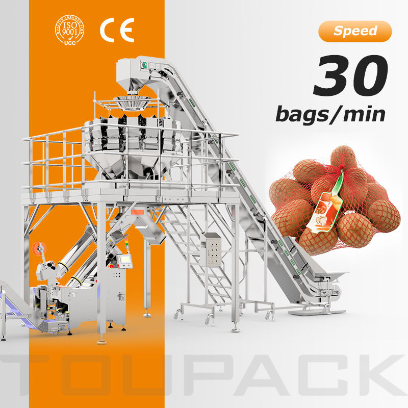 Dòng đóng gói túi lưới khoai tây công nghiệp với túi phủ lưới cân tự động cắt và đặt thẻ