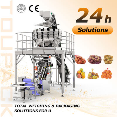 Dòng đóng gói túi lưới khoai tây công nghiệp với túi phủ lưới cân tự động cắt và đặt thẻ